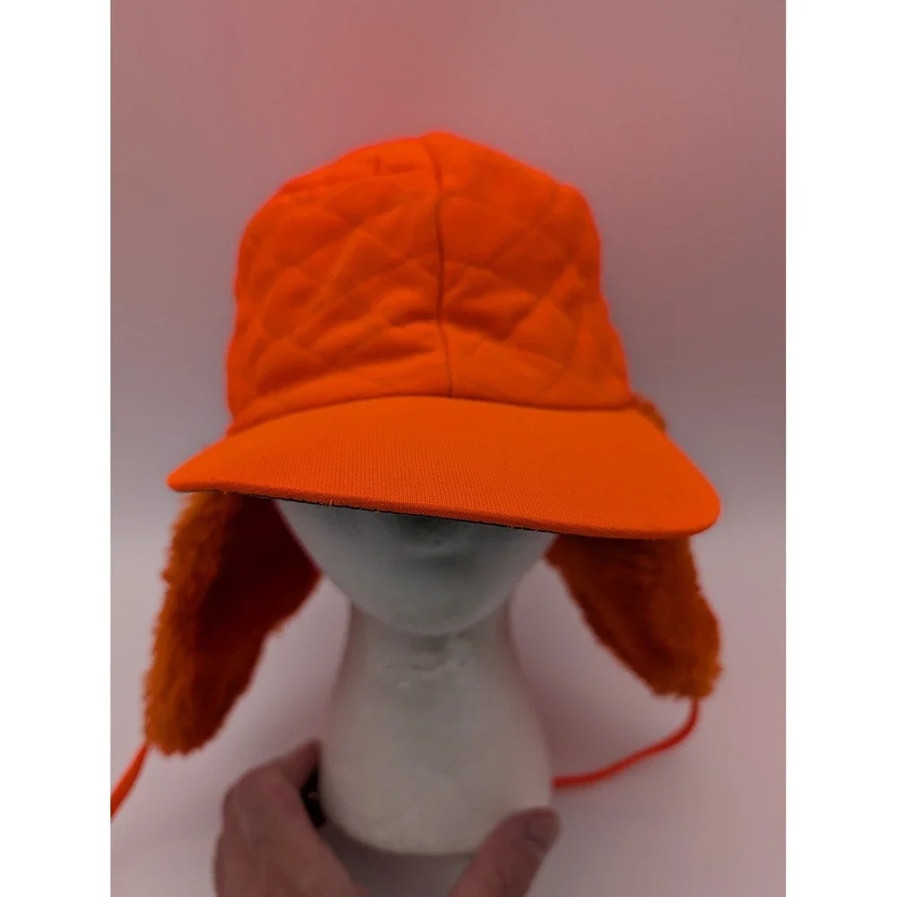 Vintage Blaze Orange Quilted Hunting Hat Ear Flaps Faux Fur Lined Trapper Cap